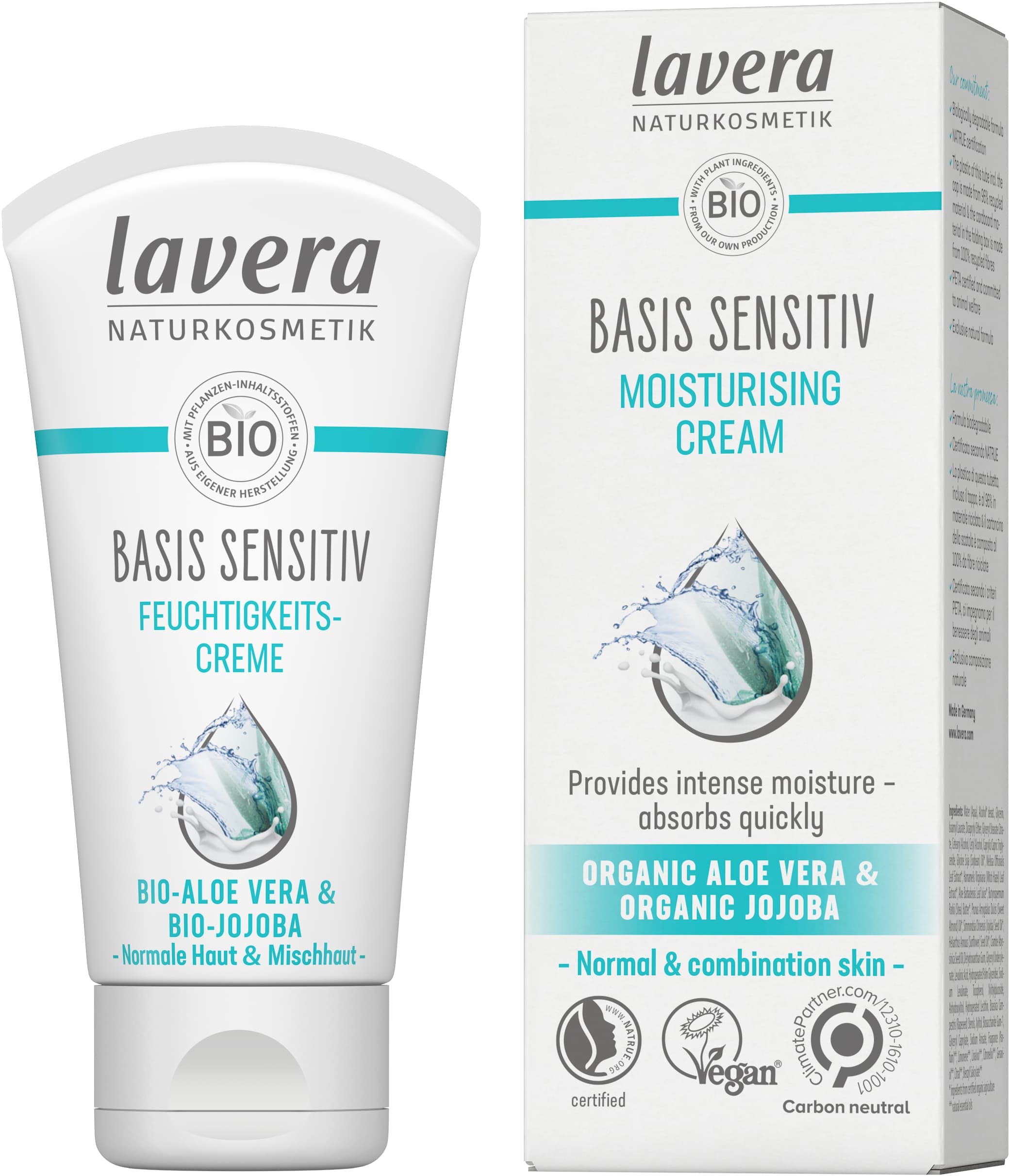 Lavera Basis Sensitiv mitrinošais sejas krēms ar bio alveju un bio hohobu, 50 ml