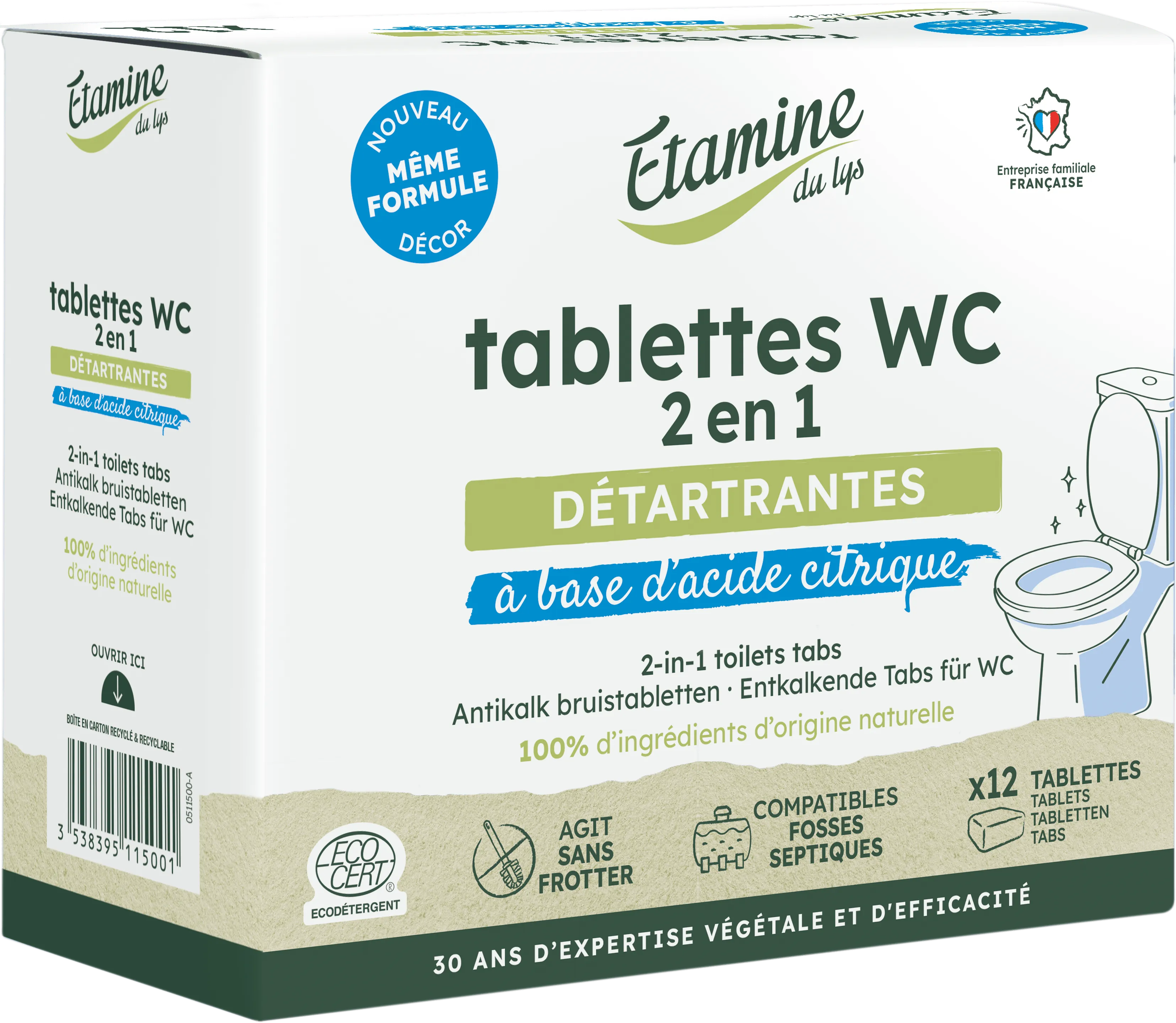 Etamine du Lys tualetes tīrīšanas tabletes 2 in 1 – tīra, atkaļķo un atjauno spīdumu, 12gb.
