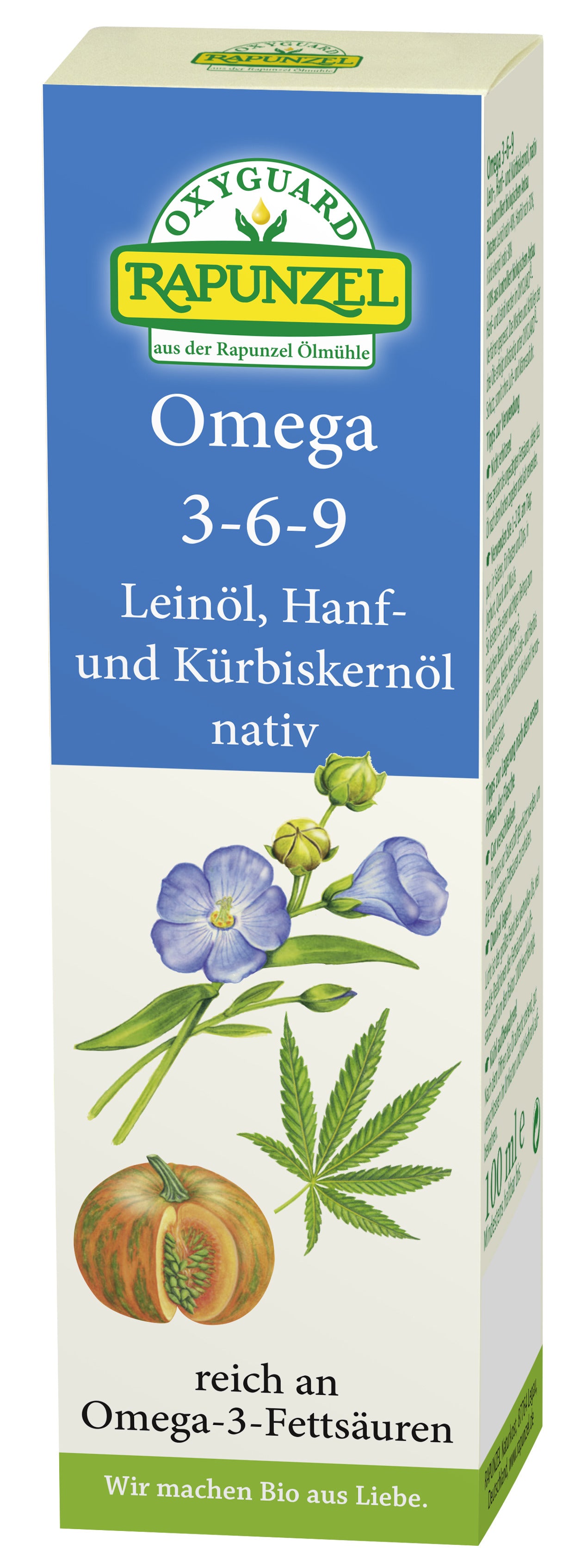 Rapunzel Oxyguard BIO linsēklu, kaņepju un ķirbju sēklu eļļa Omega-3-6-9, 250ml
