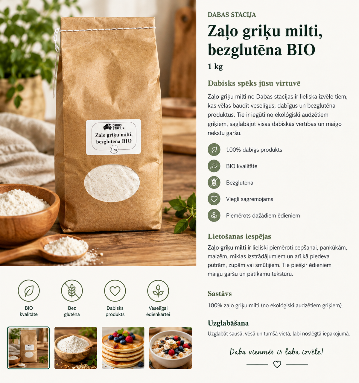 Dabas stacija BIO bezglutēna zaļo griķu milti, 1kg