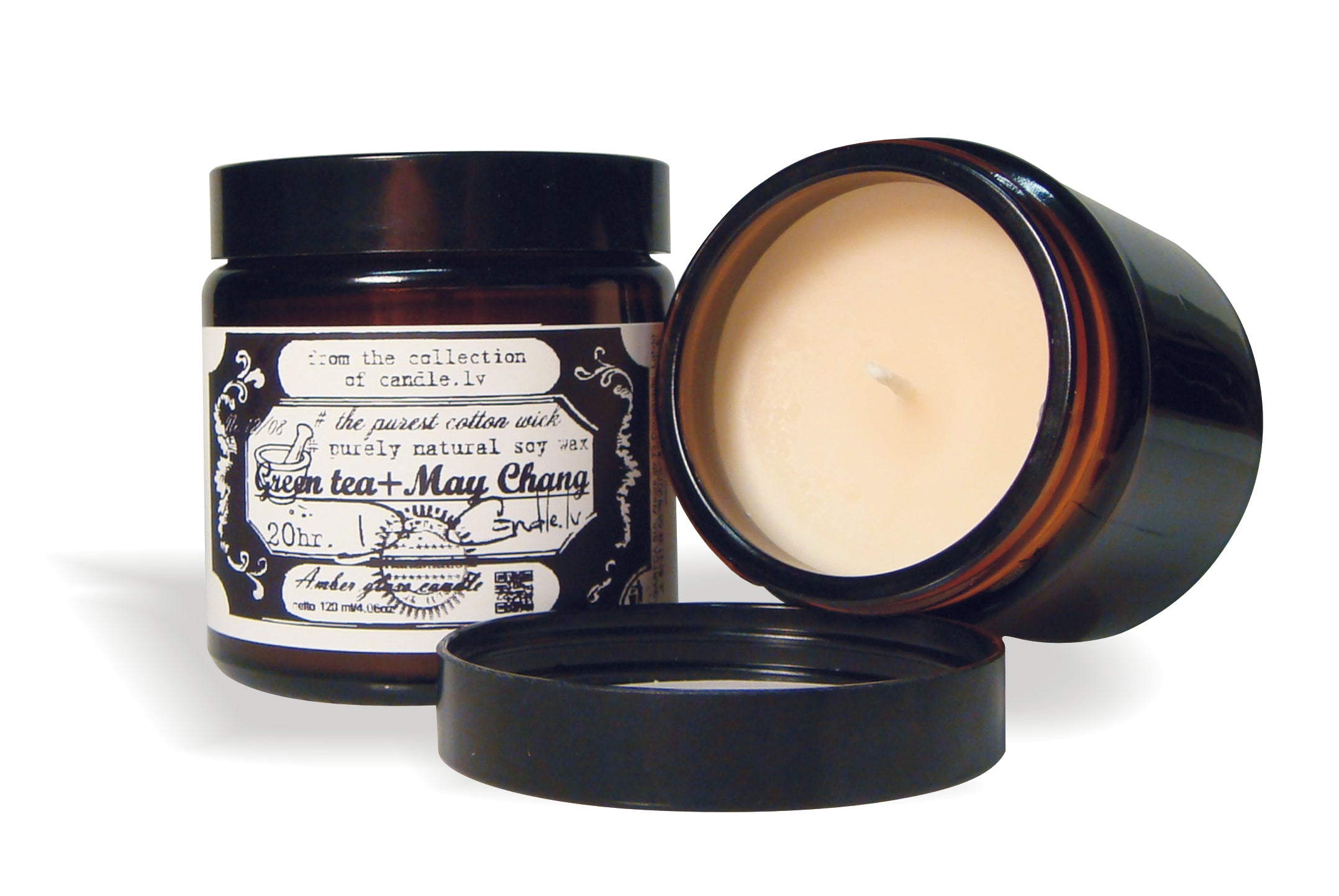 Gartda sojas vaska svece ar kokvilnas dakti tumšā stikla trauciņā un zaļās tējas / May Chang ēterisko eļļu, 120ml