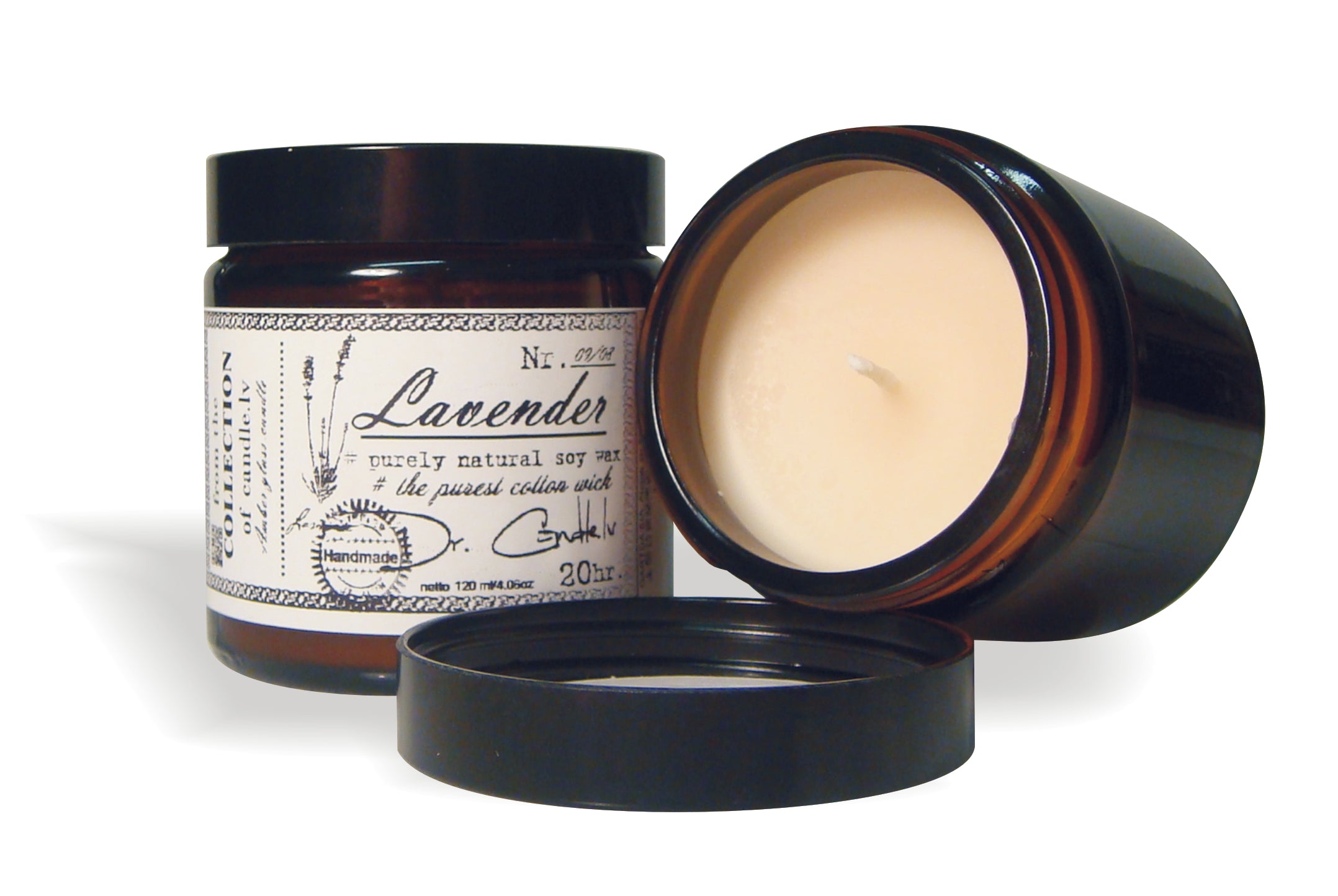 Gartda sojas vaska svece ar kokvilnas dakti tumšā stikla trauciņā un lavandas ēterisko eļļu, 120ml