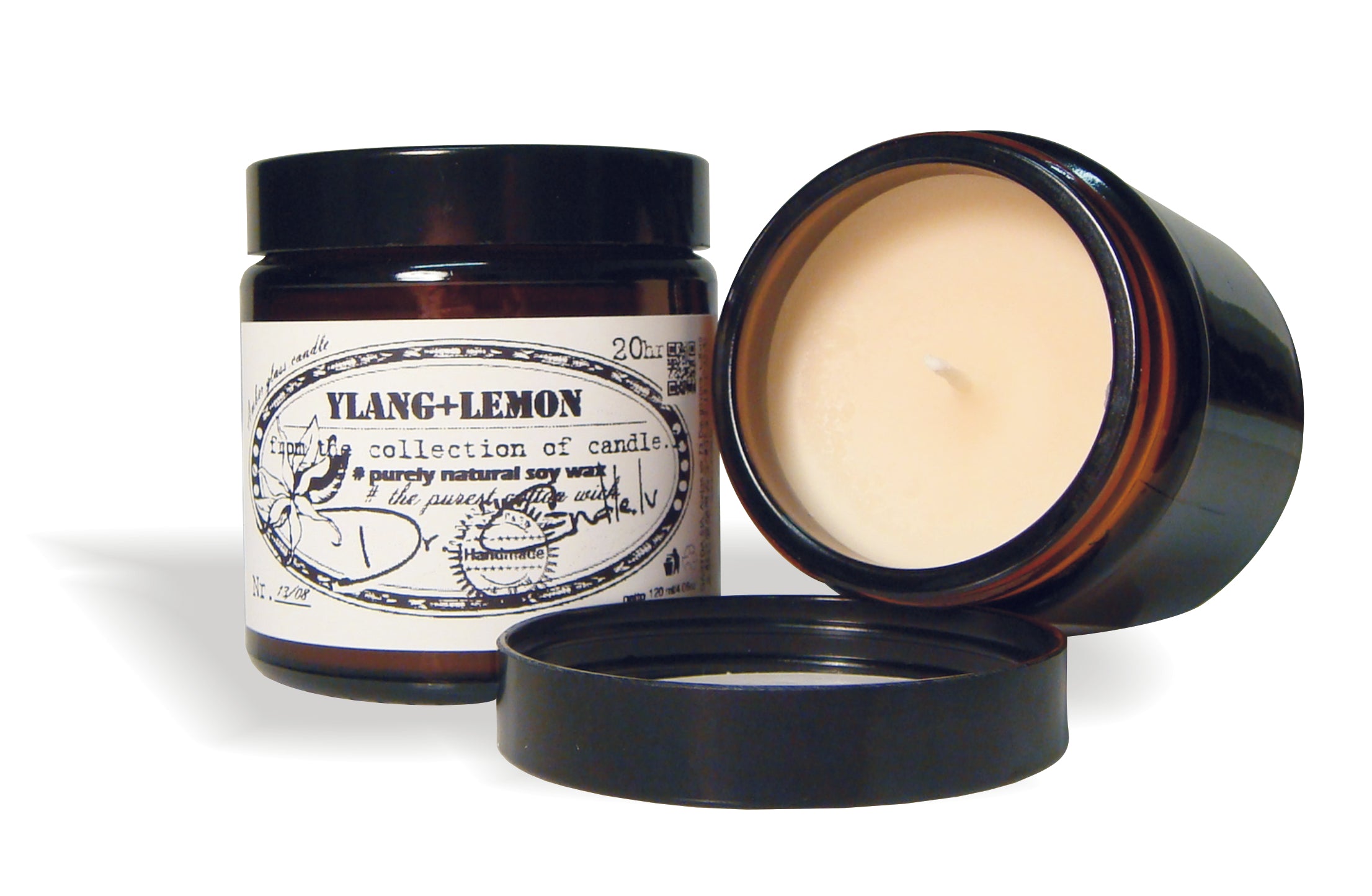 Gartda sojas vaska svece ar kokvilnas dakti tumšā stikla trauciņā un ilang ilang / citrona ēterisko eļļu, 120ml