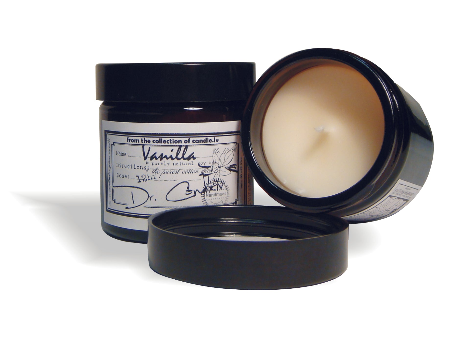 Gartda sojas vaska svece ar kokvilnas dakti tumšā stikla trauciņā un vaniļas ēterisko eļļu, 60ml