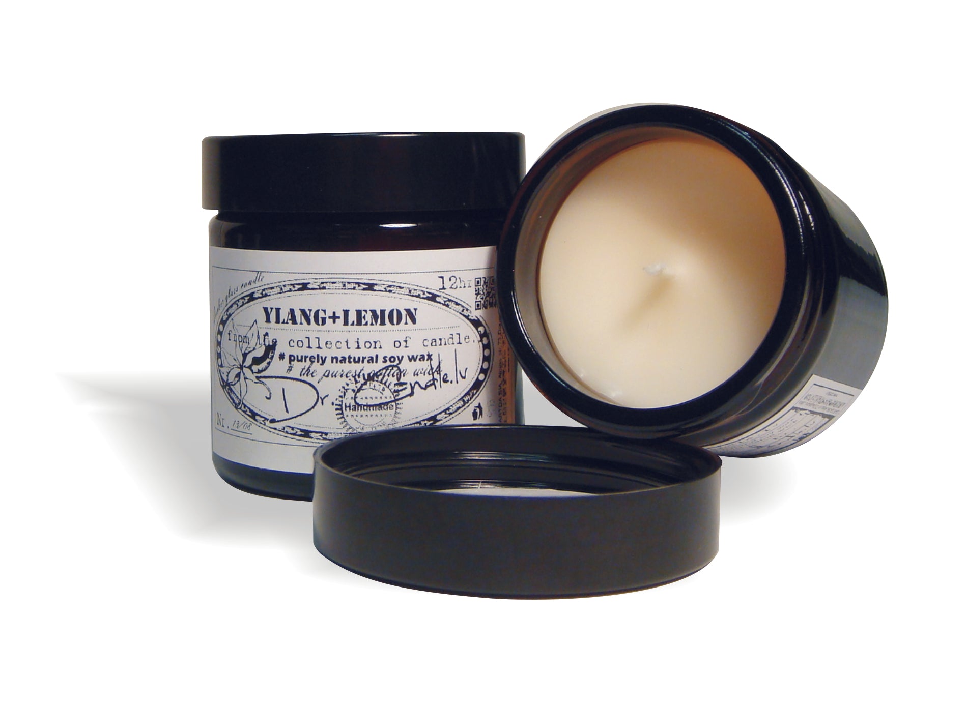 Gartda sojas vaska svece ar kokvilnas dakti tumšā stikla trauciņā un ilang ilang / citrona ēterisko eļļu, 60ml