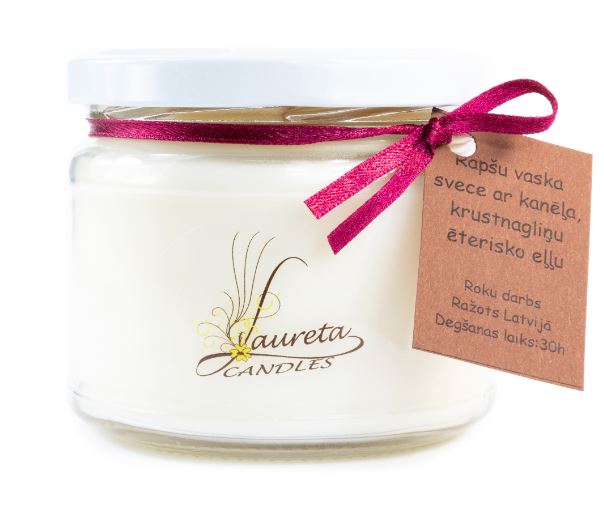 Laureta Candles rapšu vaska svece burciņā ar kanēļa un krustnagliņas ēterisko eļļu, 300ml