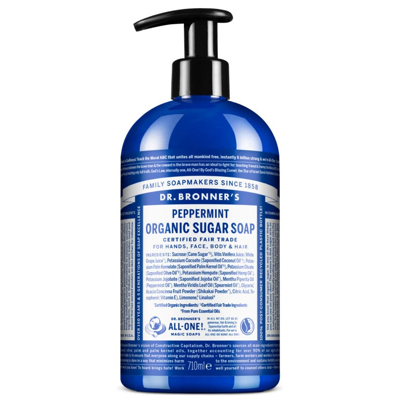 Dr. Bronner`s piparmētru šķidrās cukura ziepes ar dozatoru, 355ml