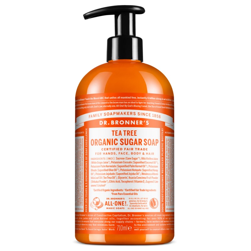 Dr. Bronner`s tējas koka šķidrās cukura ziepes ar dozatoru, 355ml