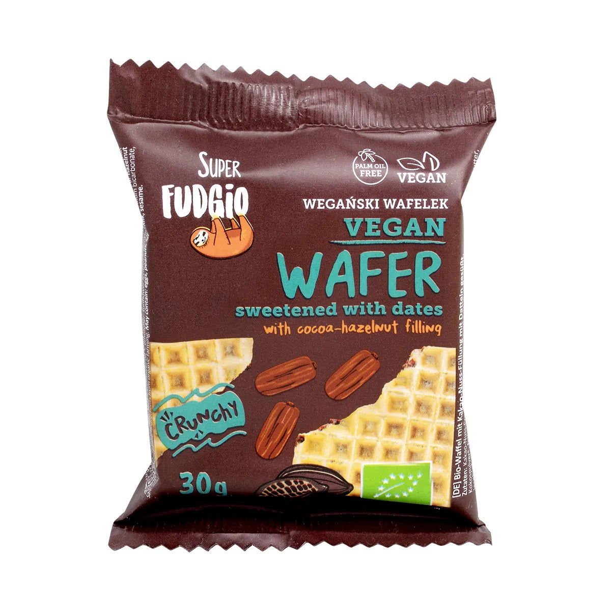 Super Fudgio BIO vafele ar kakao un riekstu krēmu, bez pievienota cukura ar datelēm, 30g
