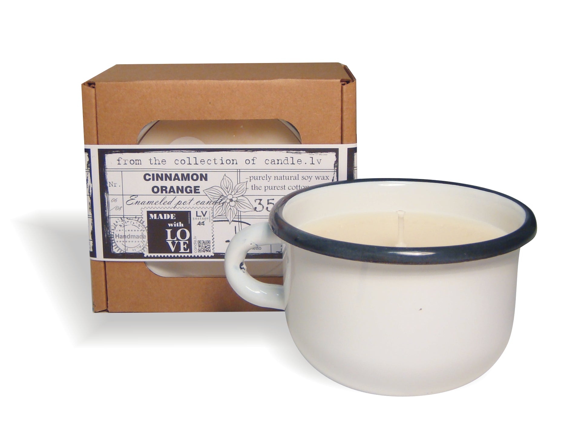 Gartda sojas vaska svece ar kokvilnas dakti emaljētā krūzītē ar kanēļa un apelsīna ēterisko eļļu, 250ml