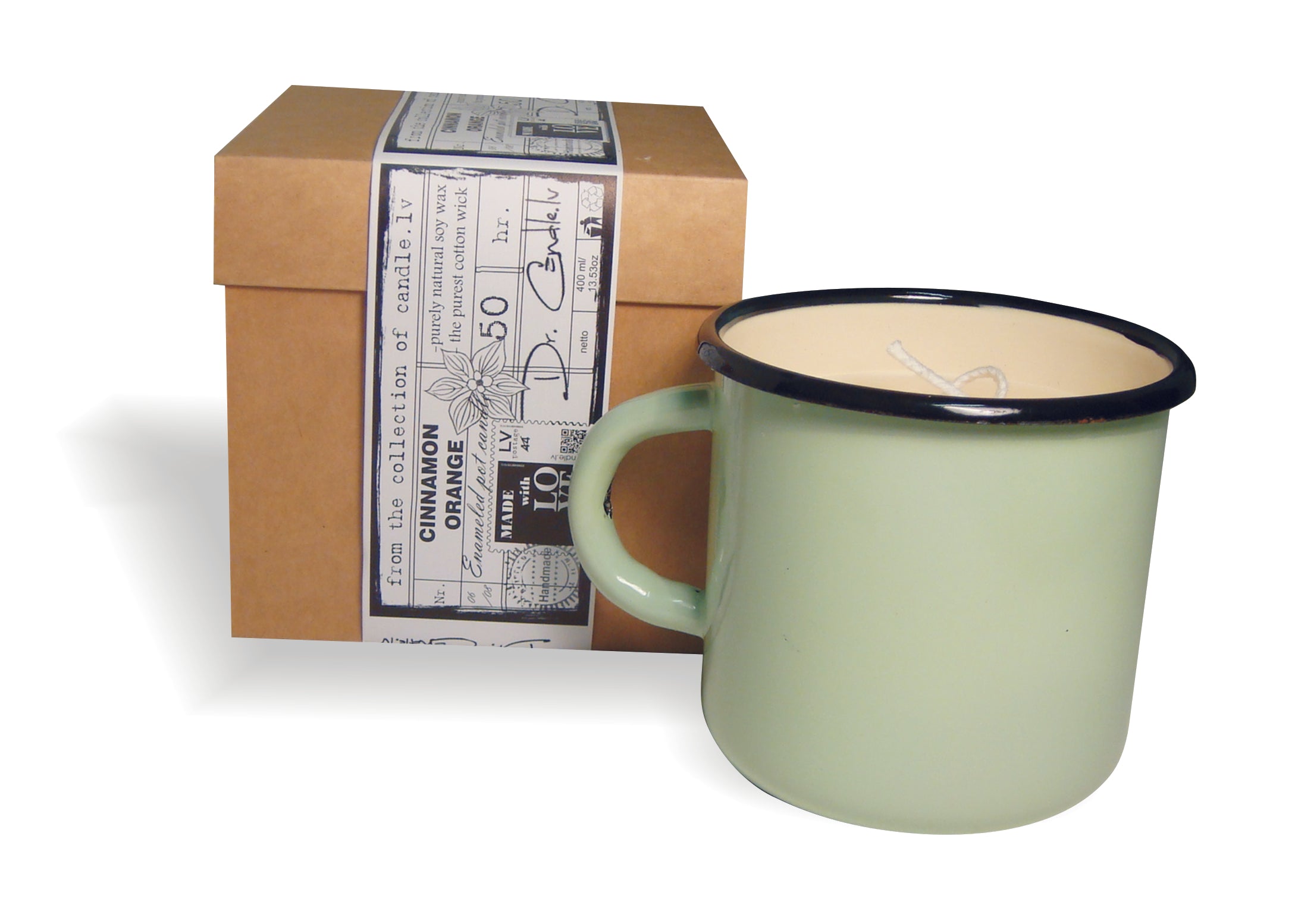 Gartda sojas vaska svece ar kokvilnas dakti emaljētā krūzītē ar kanēļa un apelsīna ēterisko eļļu, 400ml