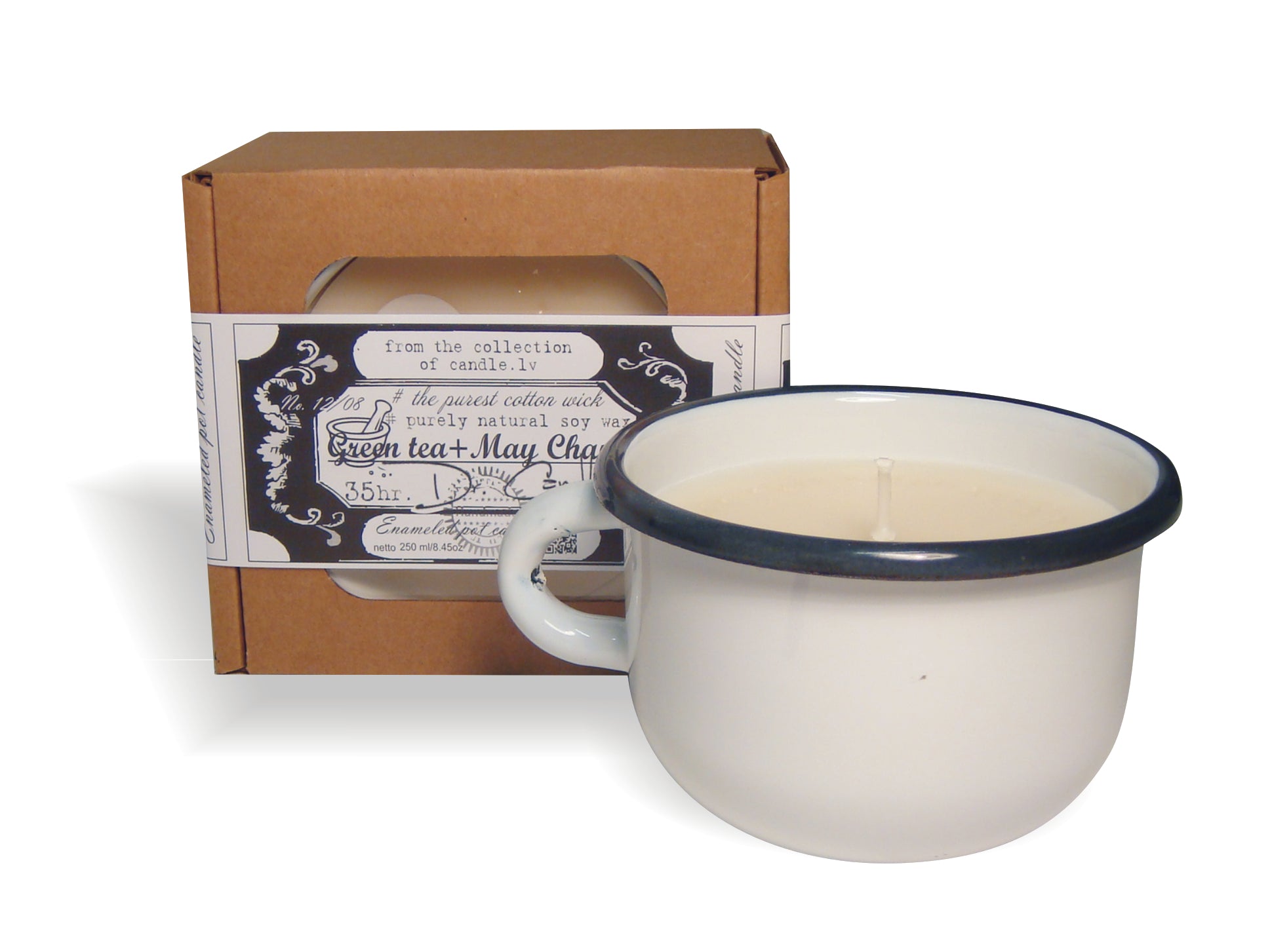 Gartda sojas vaska svece ar kokvilnas dakti emaljētā krūzītē ar zaļās tējas un May Chang ēterisko eļļu, 250ml