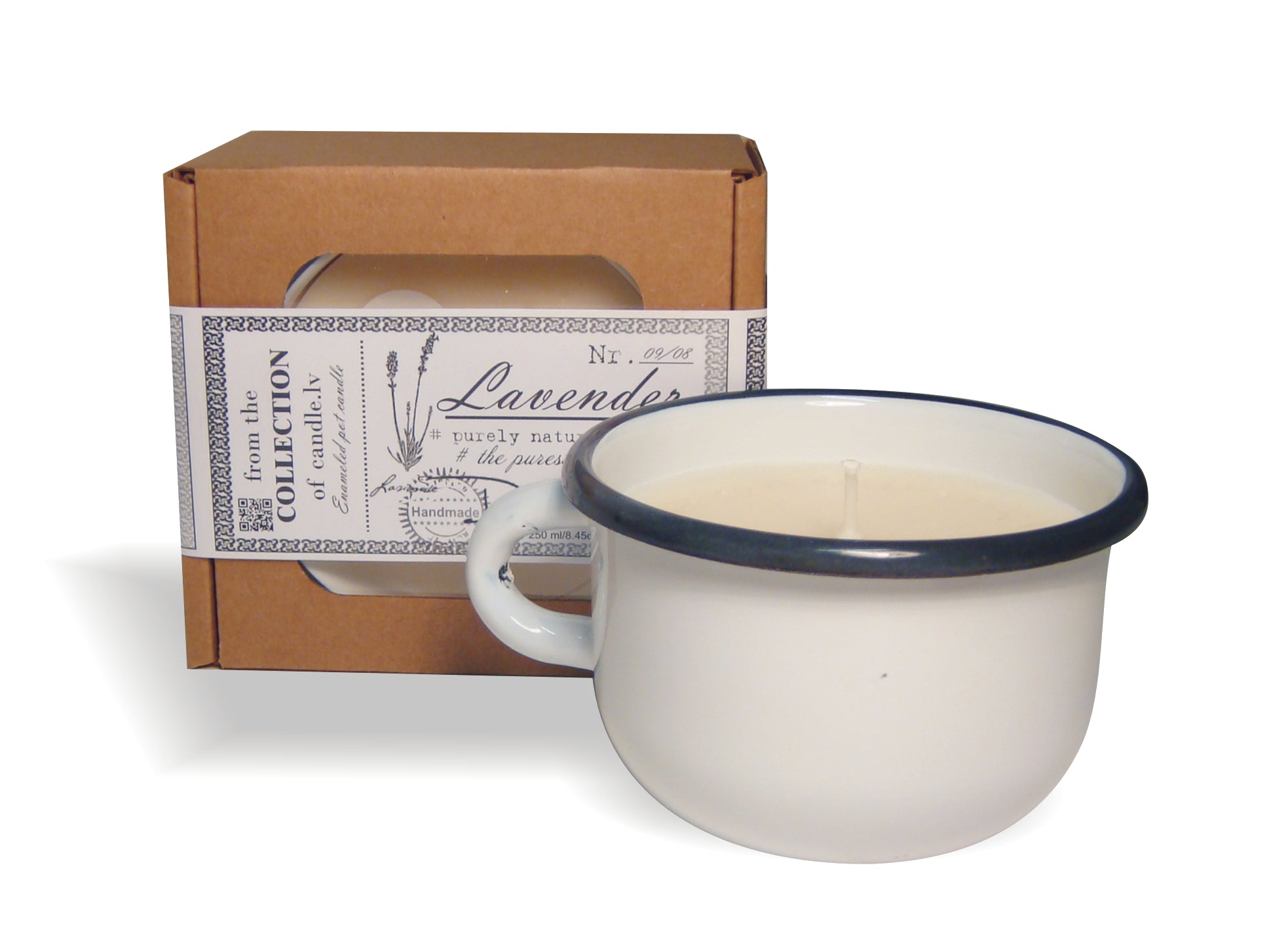 Gartda sojas vaska svece ar kokvilnas dakti emaljētā krūzītē un lavandas ēterisko eļļu, 250ml