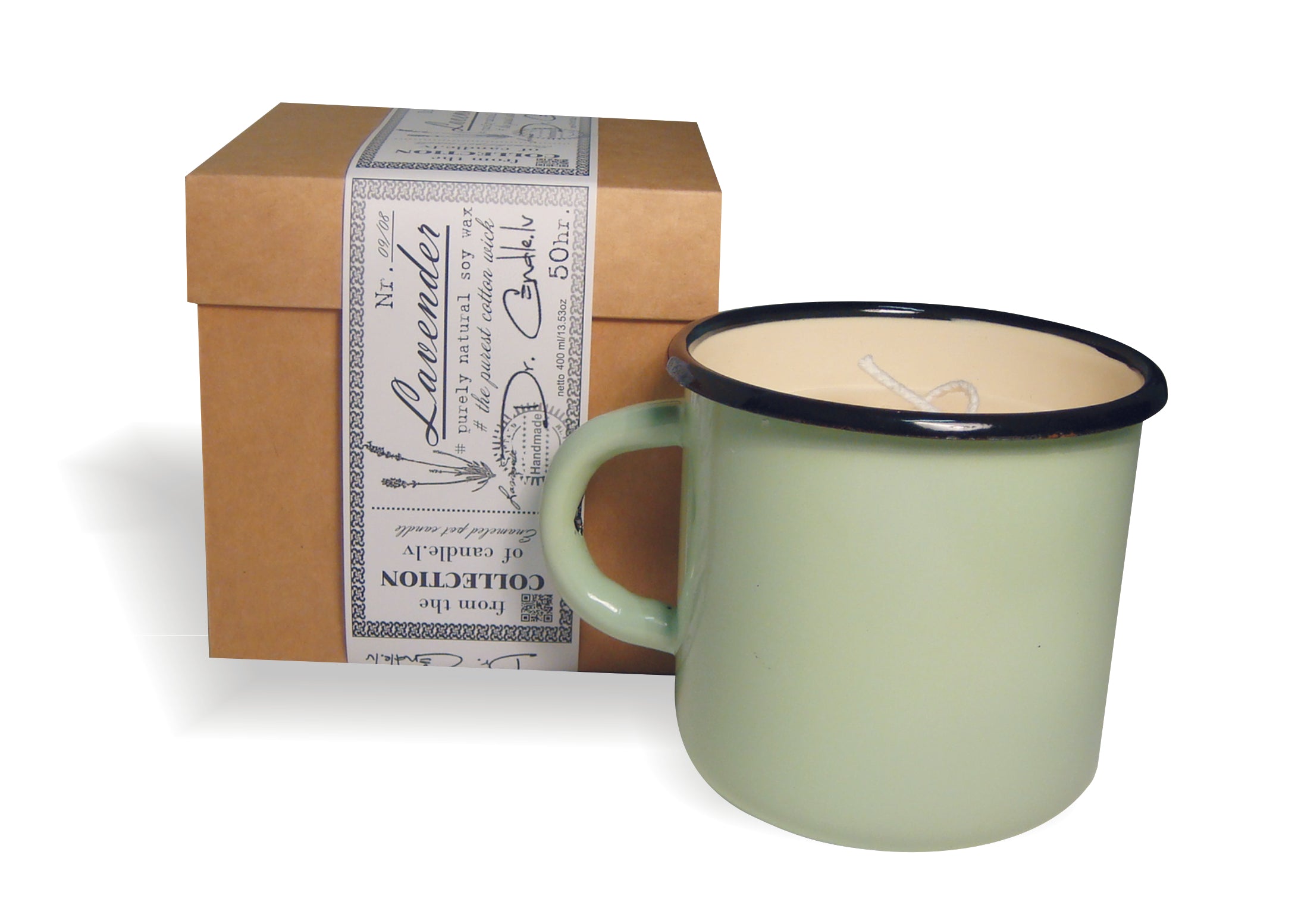 Gartda sojas vaska svece ar kokvilnas dakti emaljētā krūzītē un lavandas ēterisko eļļu, 400ml