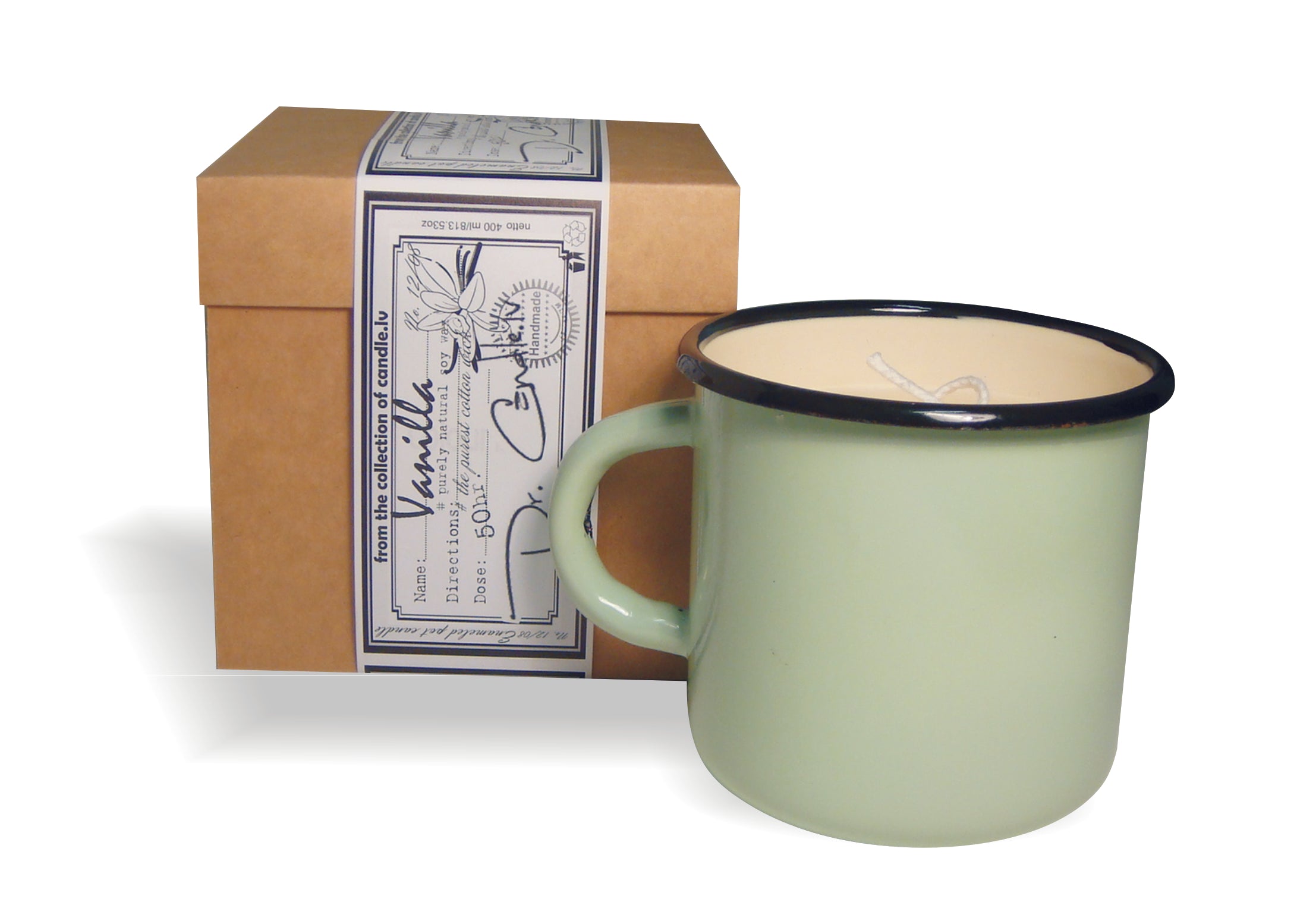 Gartda sojas vaska svece ar kokvilnas dakti emaljētā krūzītē un vaniļas ēterisko eļļu, 400ml