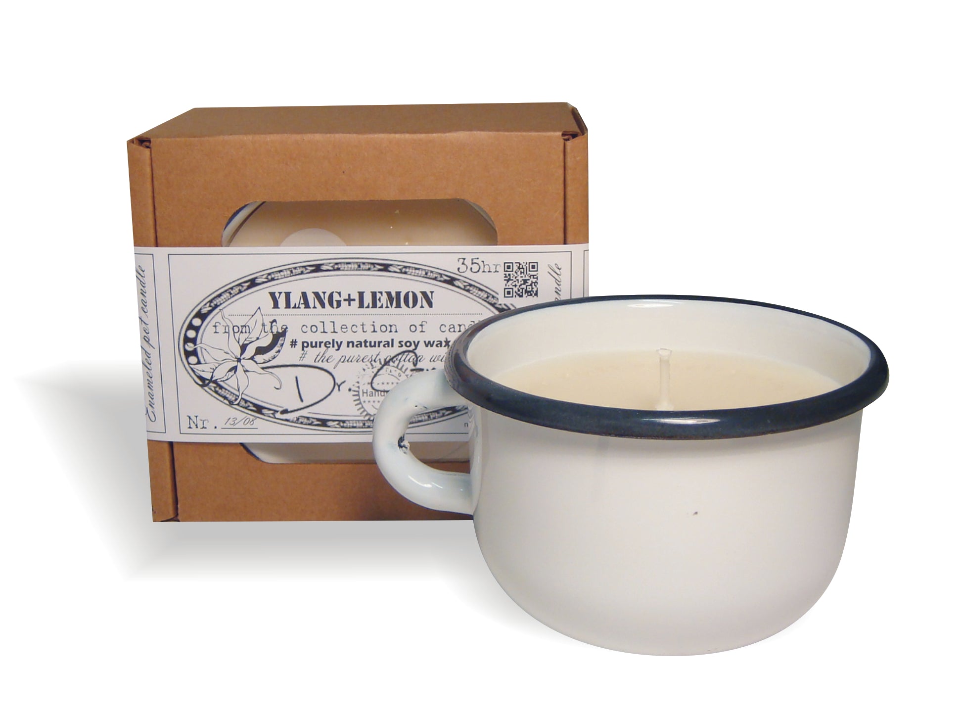 Gartda sojas vaska svece ar kokvilnas dakti emaljētā krūzītē ar ilang ilang un citrona ēterisko eļļu, 250ml