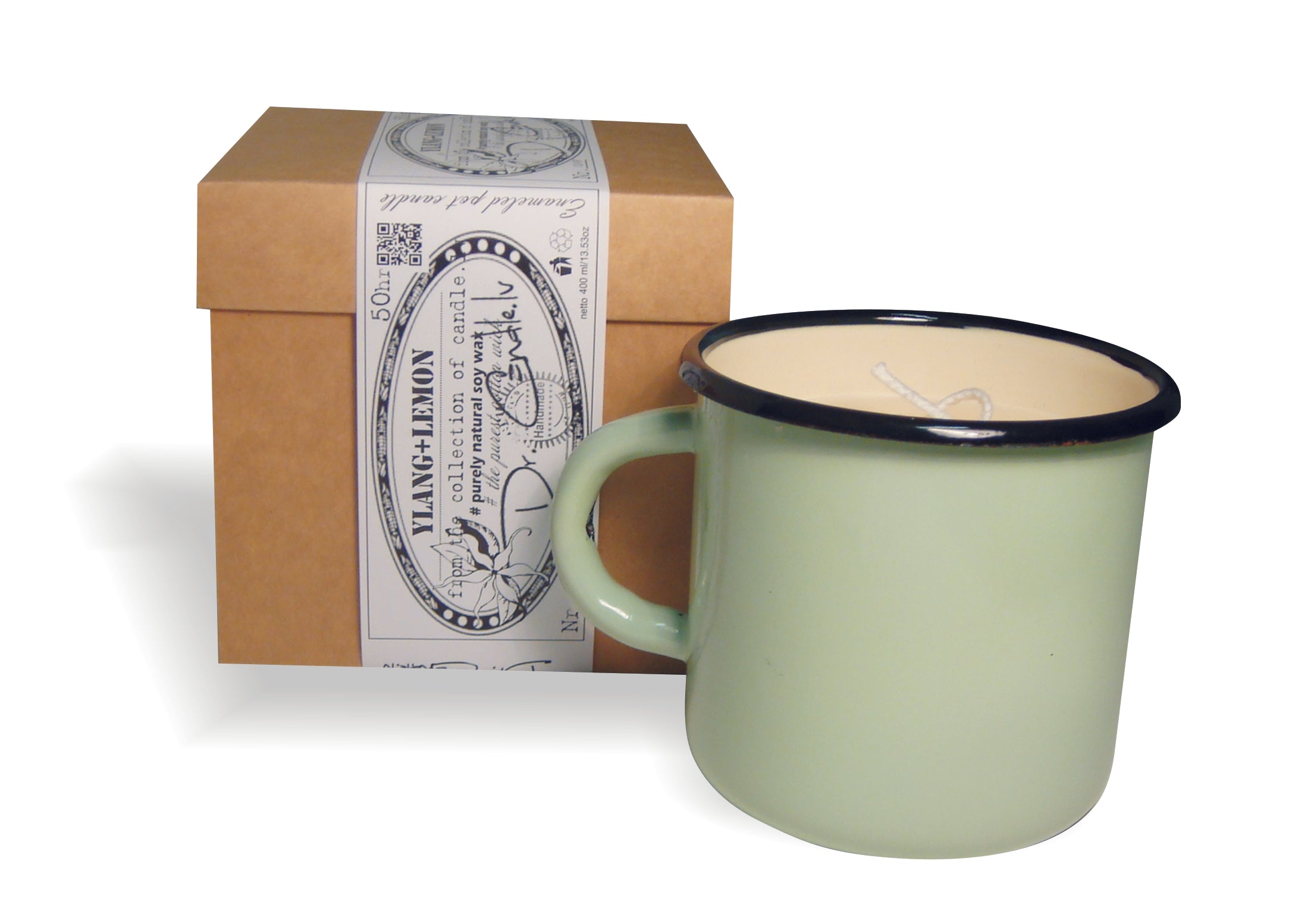 Gartda sojas vaska svece ar kokvilnas dakti emaljētā krūzītē ar ilang ilang un citrona ēterisko eļļu, 400ml