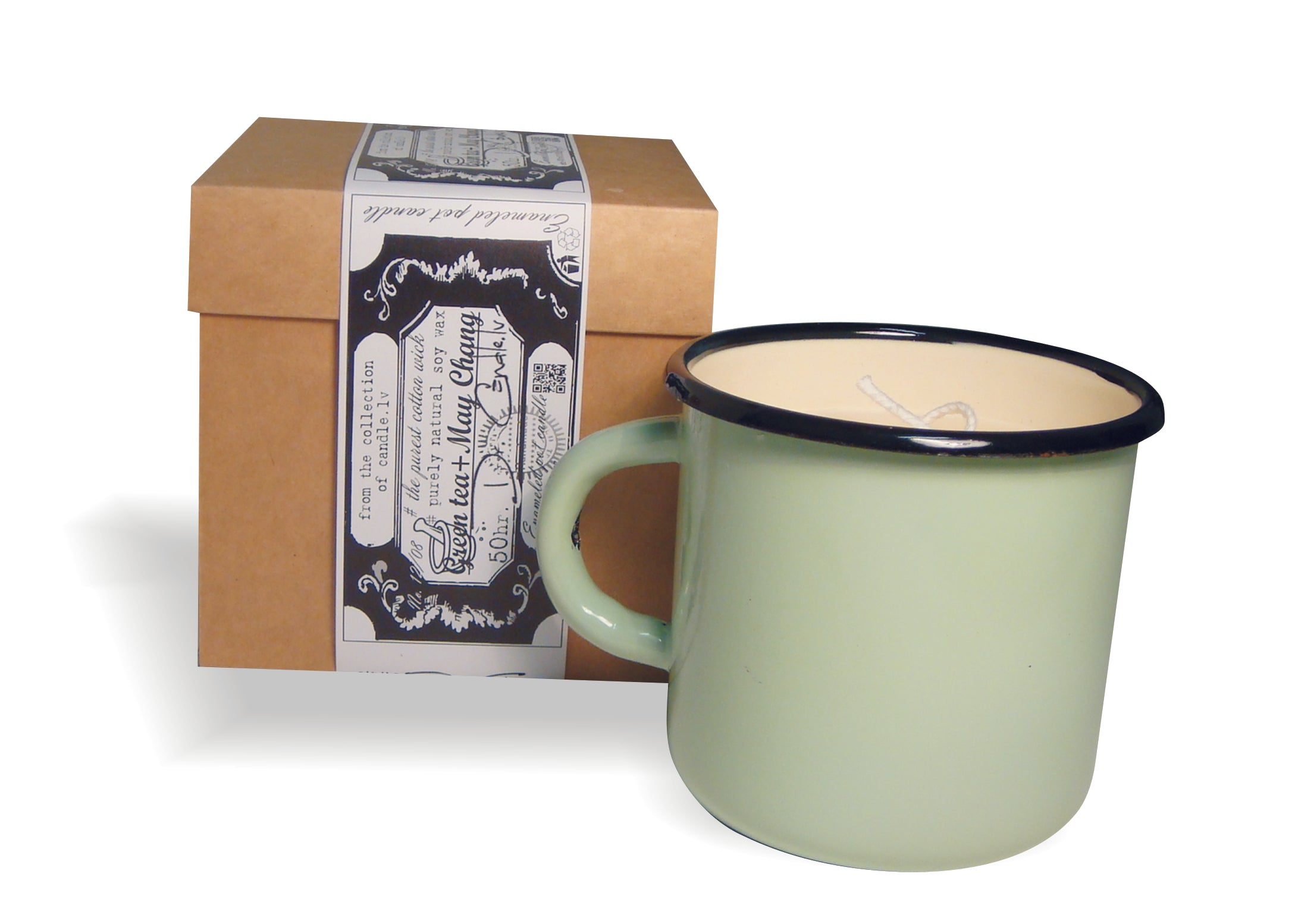 Gartda sojas vaska svece ar kokvilnas dakti emaljētā krūzītē ar zaļās tējas un May Chang ēterisko eļļu, 400ml
