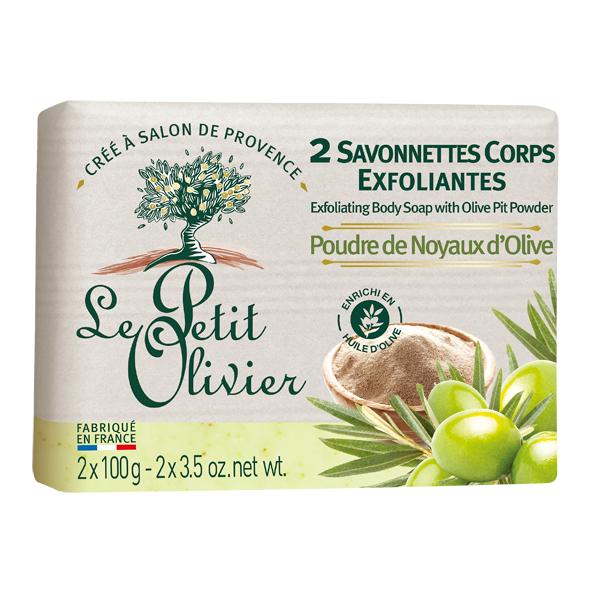 Le Petit Olivier pīlinga ziepes ķermenim ar olīvu kauliņu pulveri, 2 x 100g