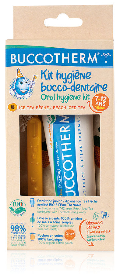 Buccotherm komplekts bērniem no 7-12 gadu vecumam zobu birste + zobu gēls ar persiku garšu, 50ml