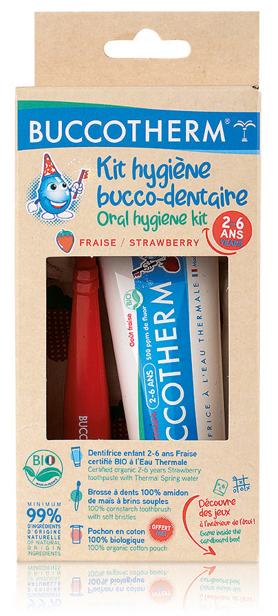 Buccotherm komplekts bērniem no 2-6 gadu vecumam zobu birste + zobu gēls ar zemeņu garšu, 50ml