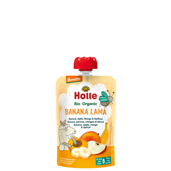 Holle BIO banānu, ābolu, mango un aprikožu biezenis "Banana Lama" no 6 mēn., 100g