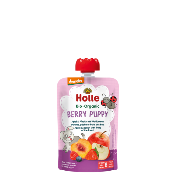 Holle BIO ābolu un persiku biezenis ar meža ogām "Berry Puppy" no 8 mēn., 100g
