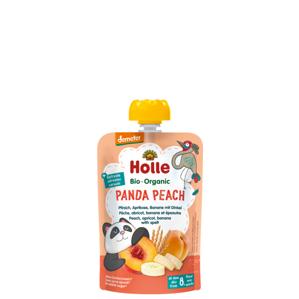 Holle BIO persiku, aprikožu, banānu biezenis ar plēkšņu kviešiem “Panda Peach”, no 8mēn. 100g