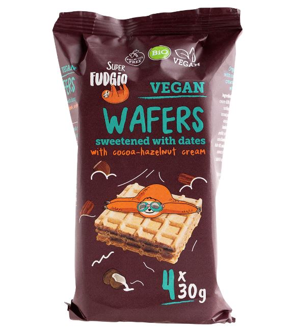 Super Fudgio BIO vafeles ar kakao un riekstu krēmu, bez pievienota cukura ar datelēm, 4x30g