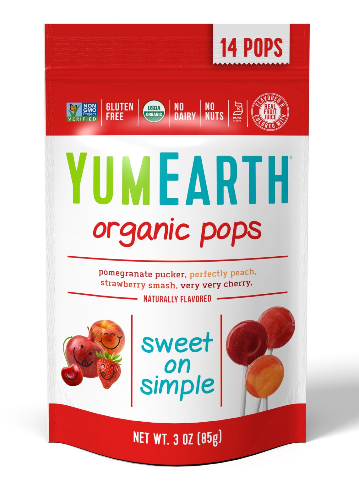 YumEarth BIO ledenes uz kātiņa ar dažādu augļu un ogu garšu 4 veidi, 85g/14gab.