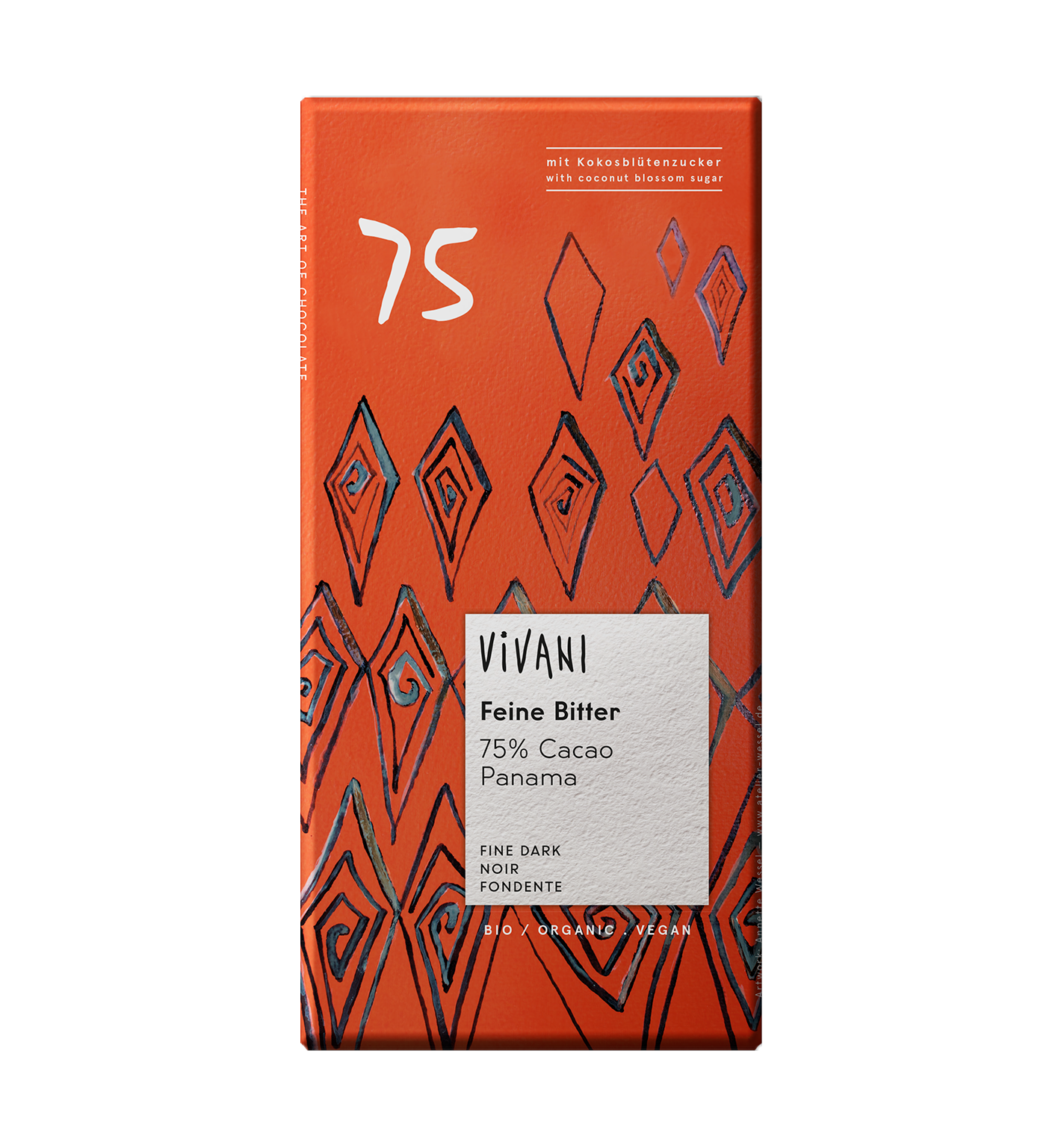 Vivani BIO melnā šokolāde ar 75% kakao no Panamas un kokosriekstu ziedu nektāru, 80g