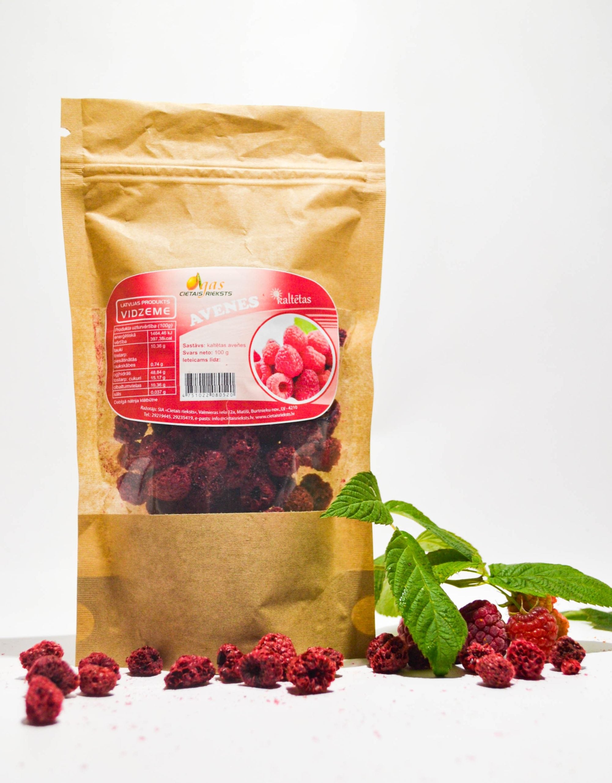 Cietais rieksts kaltētas avenes, 100g