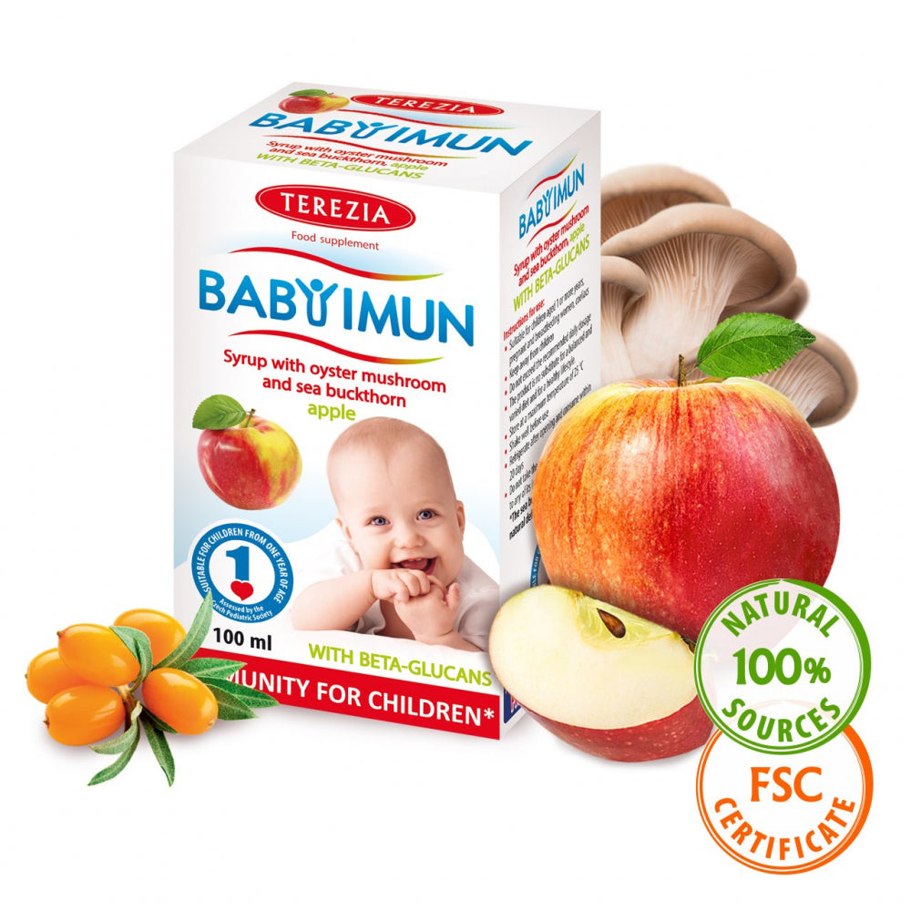 Terezia uztura bagātinātājs bērniem ar ābolu garšu IMUN (sīrups ar austersēnēm un smiltsērkšķiem), 100ml