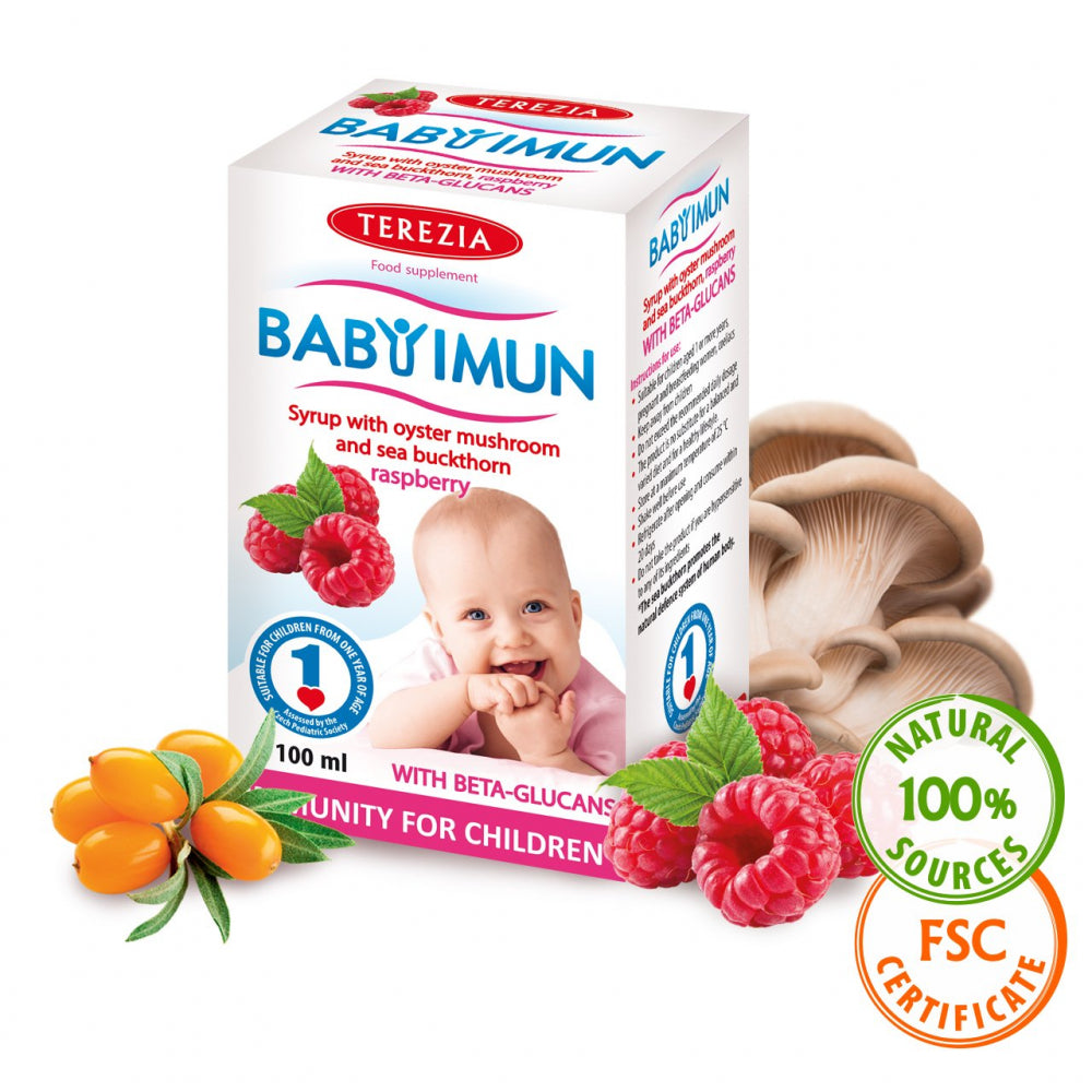 Terezia uztura bagātinātājs bērniem ar aveņu garšu IMUN (sīrups ar austersēnēm un smiltsērkšķiem), 100ml