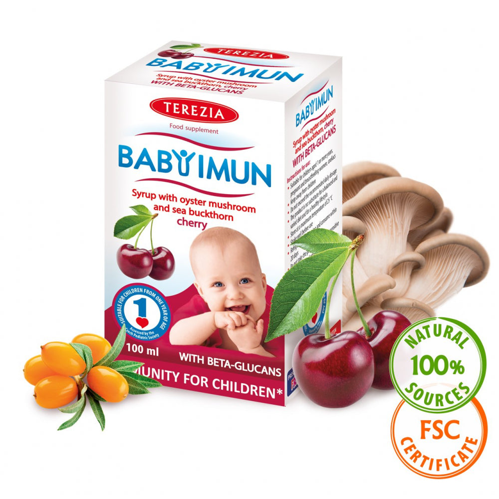 Terezia uztura bagātinātājs bērniem ar ķiršu garšu IMUN (sīrups ar austersēnēm un smiltsērkšķiem), 100ml