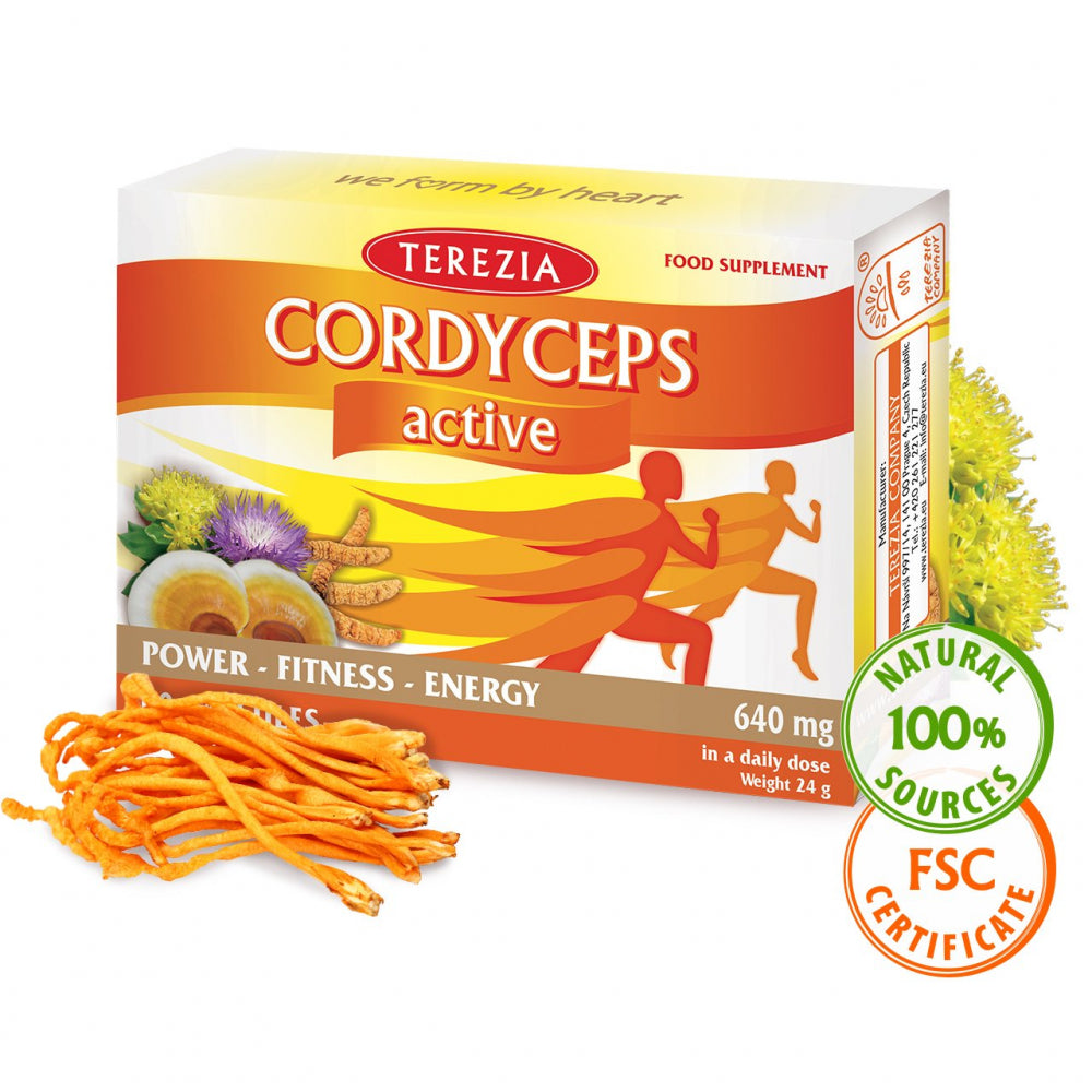 Terezia uztura bagātinātājs CORDYCEPS active (kordiceps, reiši ar augu ekstraktiem), 60 kaps.