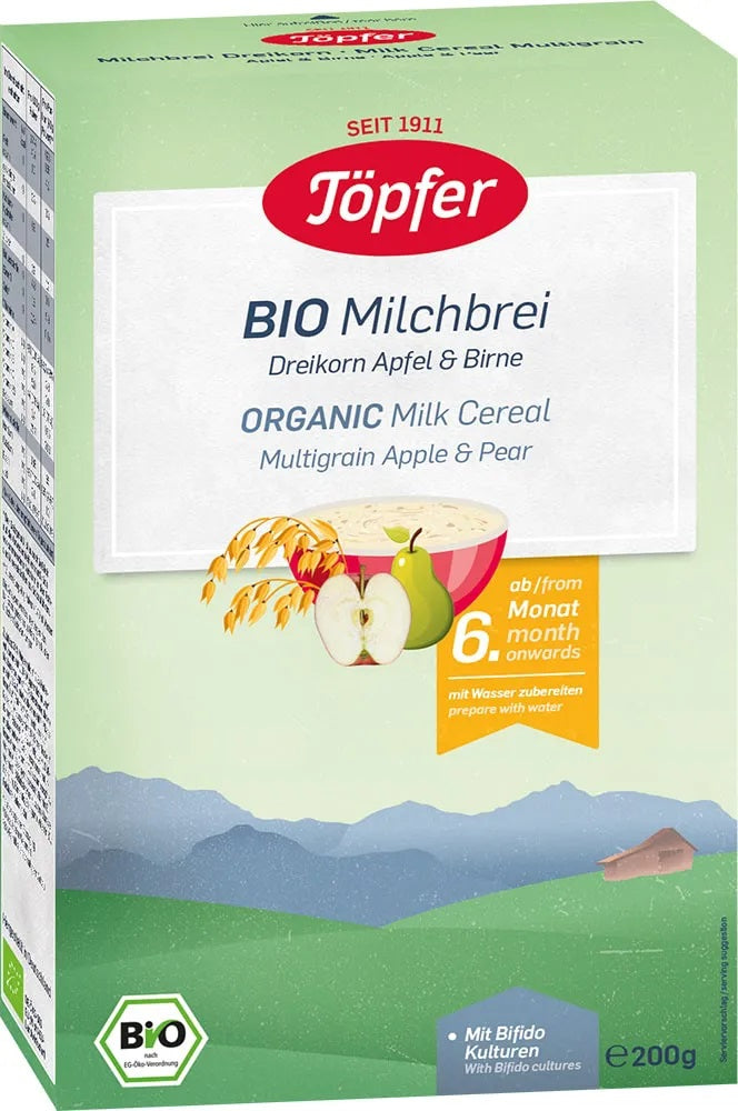Topfer BIO daudzgraudu piena biezputra ar āboliem un bumbieriem no 6. mēn., 200g