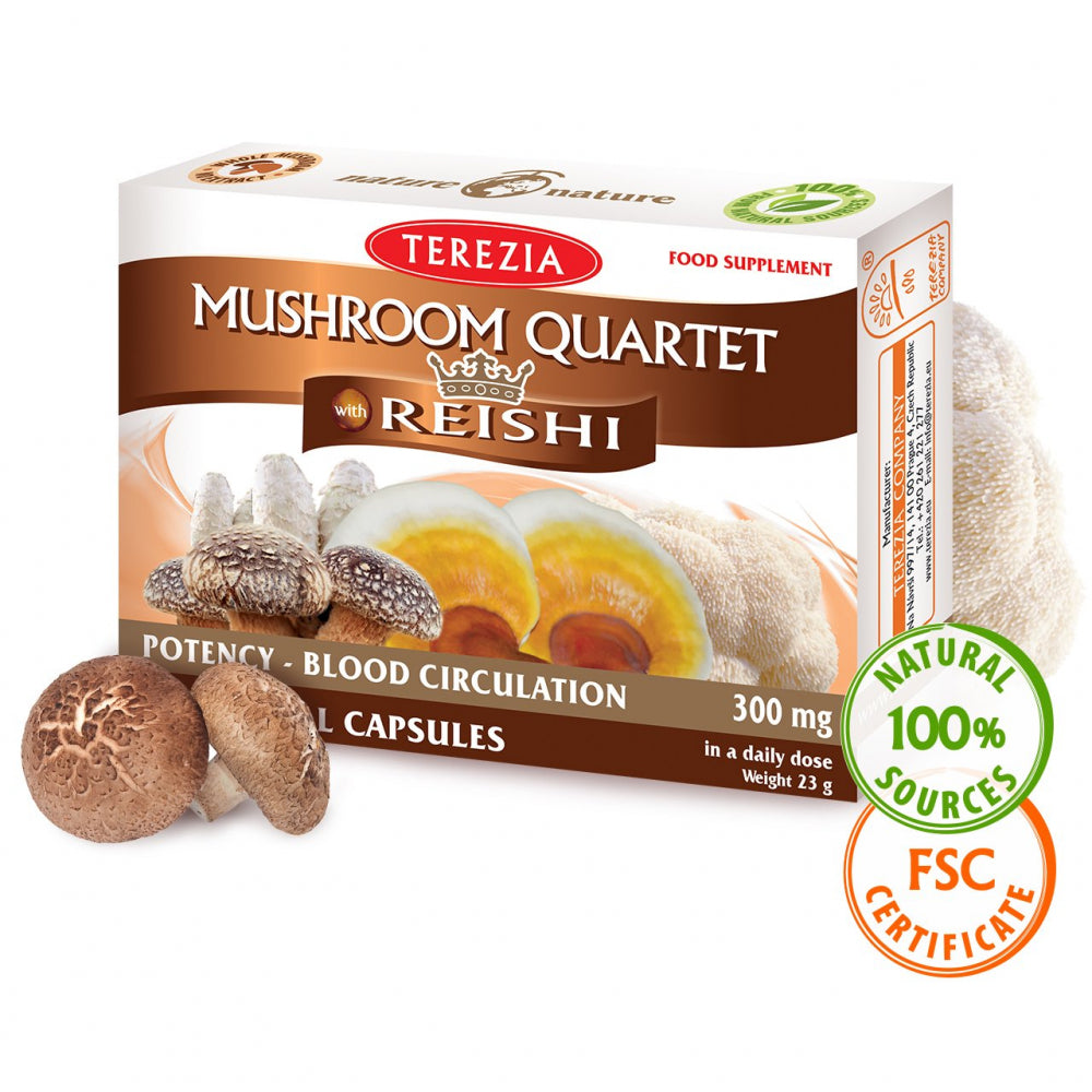 Terezia uztura bagātinātājs MUSHROOM QUARTET WITH REISHI (četru sēņu maisījums ar augu ekstraktiem), 60 kaps.