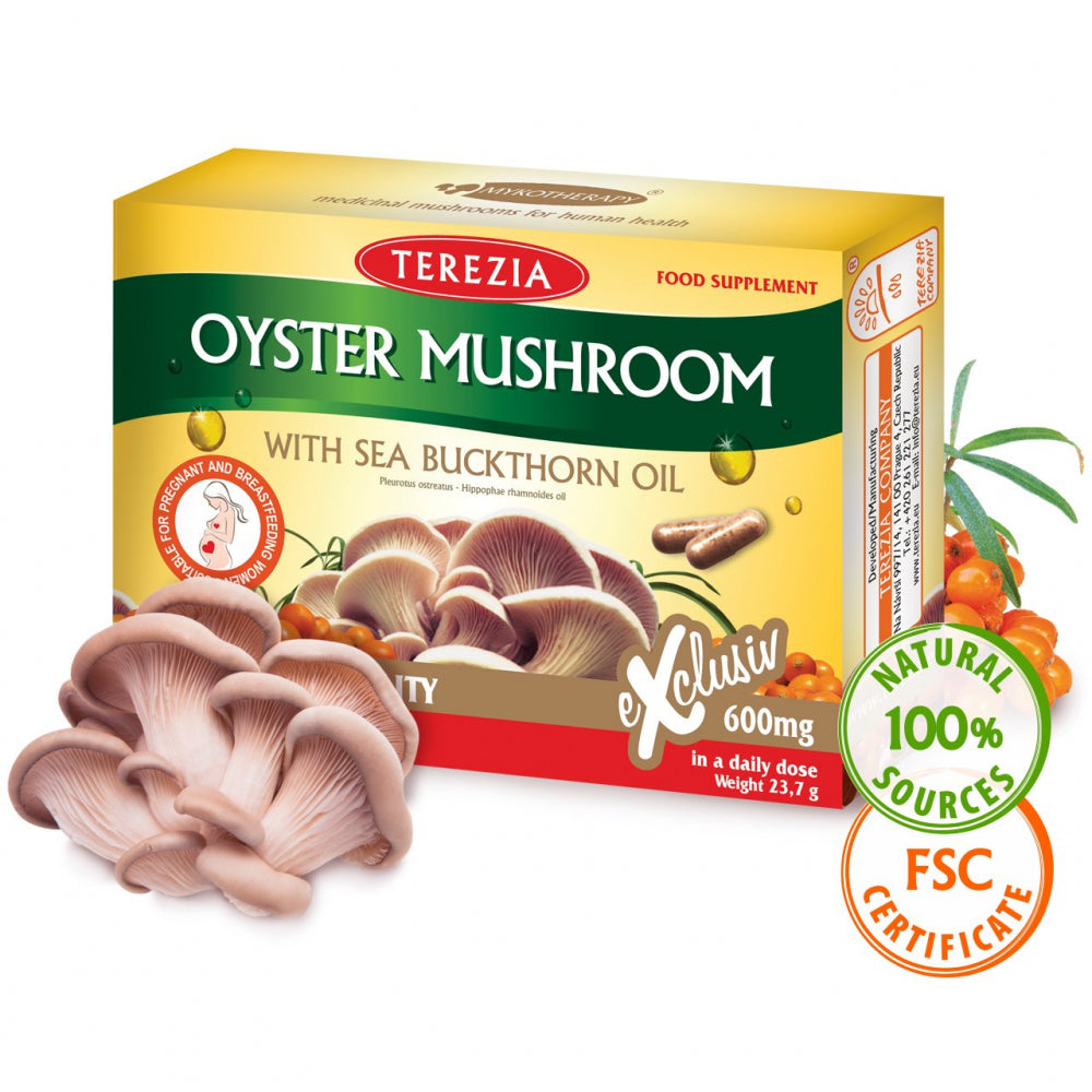 Terezia uztura bagātinātājs OYSTER MUSHROOM WITH SEA BUCKTHORN OIL (austersēnes ar smiltsērkšķu eļļu), 60 kaps.