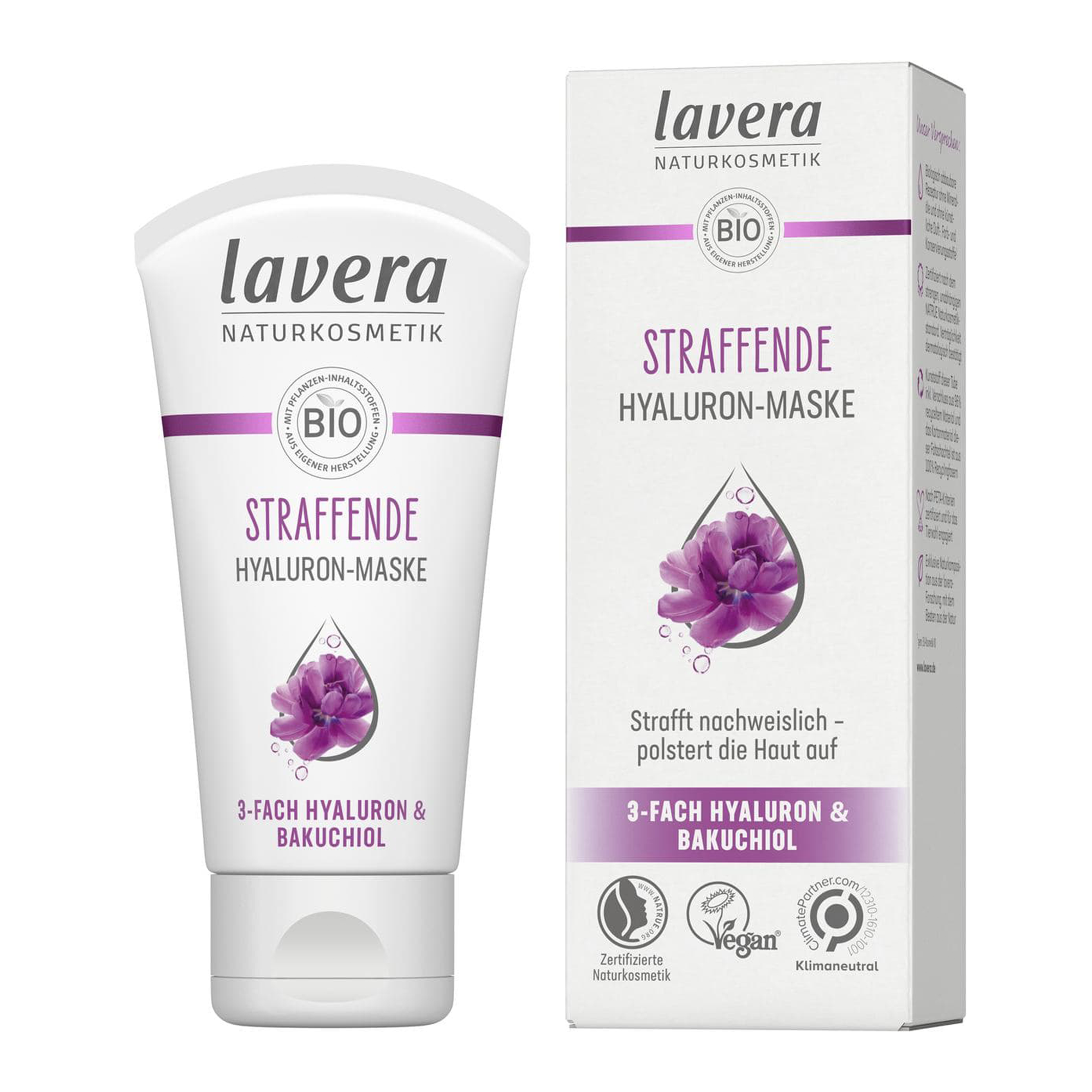 Lavera nostiprinoša sejas maska ar trīskāršas iedarbības hialuronskābi un bakučiolu, 50ml