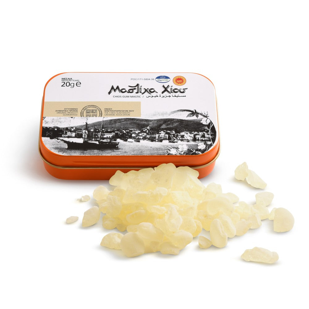 Mastixa Xiou mastikas sveķu kristalizēti pilieni metāla kārbā, 20g