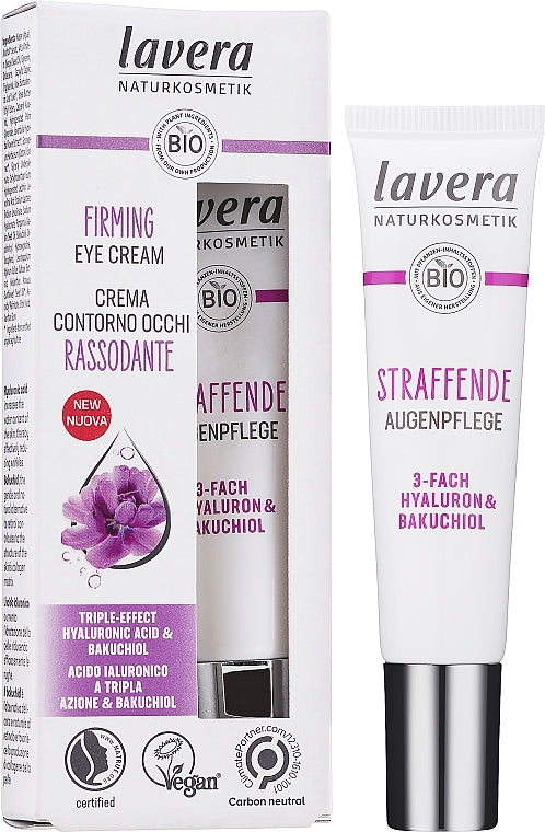 Lavera nostiprinošs krēms ādai ap acīm ar trīskāršas iedarbības hialuronskābi un bakučiolu, 15 ml