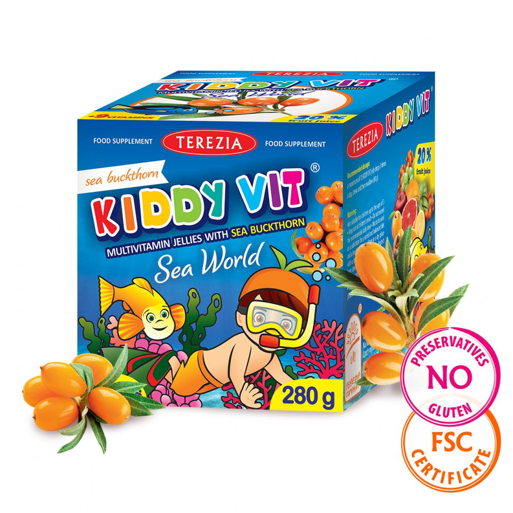 Terezia uztura bagātinātājs bērniem KIDDY VIT jūras pasaule (multivitamīnu želejas figūriņas ar smiltsērkšķiem), 70gb.