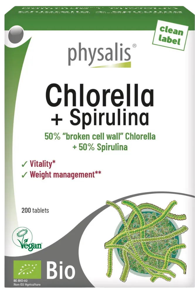 Physalis uztura bagātinātājs Hlorella + Spirulīna, 200 tabl.