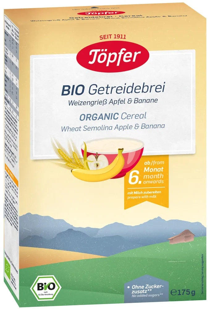 Topfer BIO kviešu mannas biezputra ar āboliem un banāniem no 6. mēn., 175g