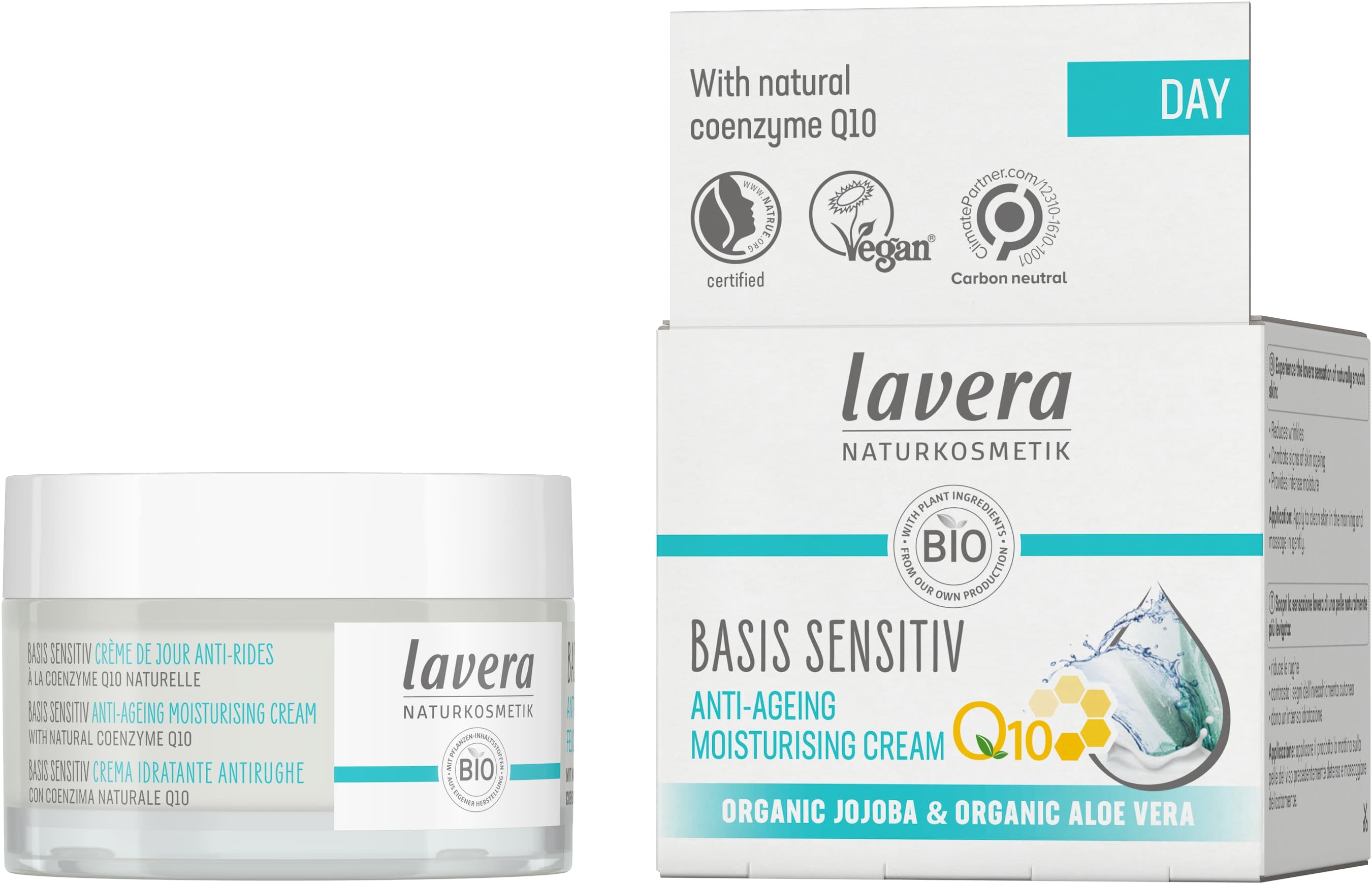 Lavera Basis Sensitiv Anti–Aging mitrinošais sejas krēms ar bio alveju, bio hohobu un koenzīmu Q10, 50 ml