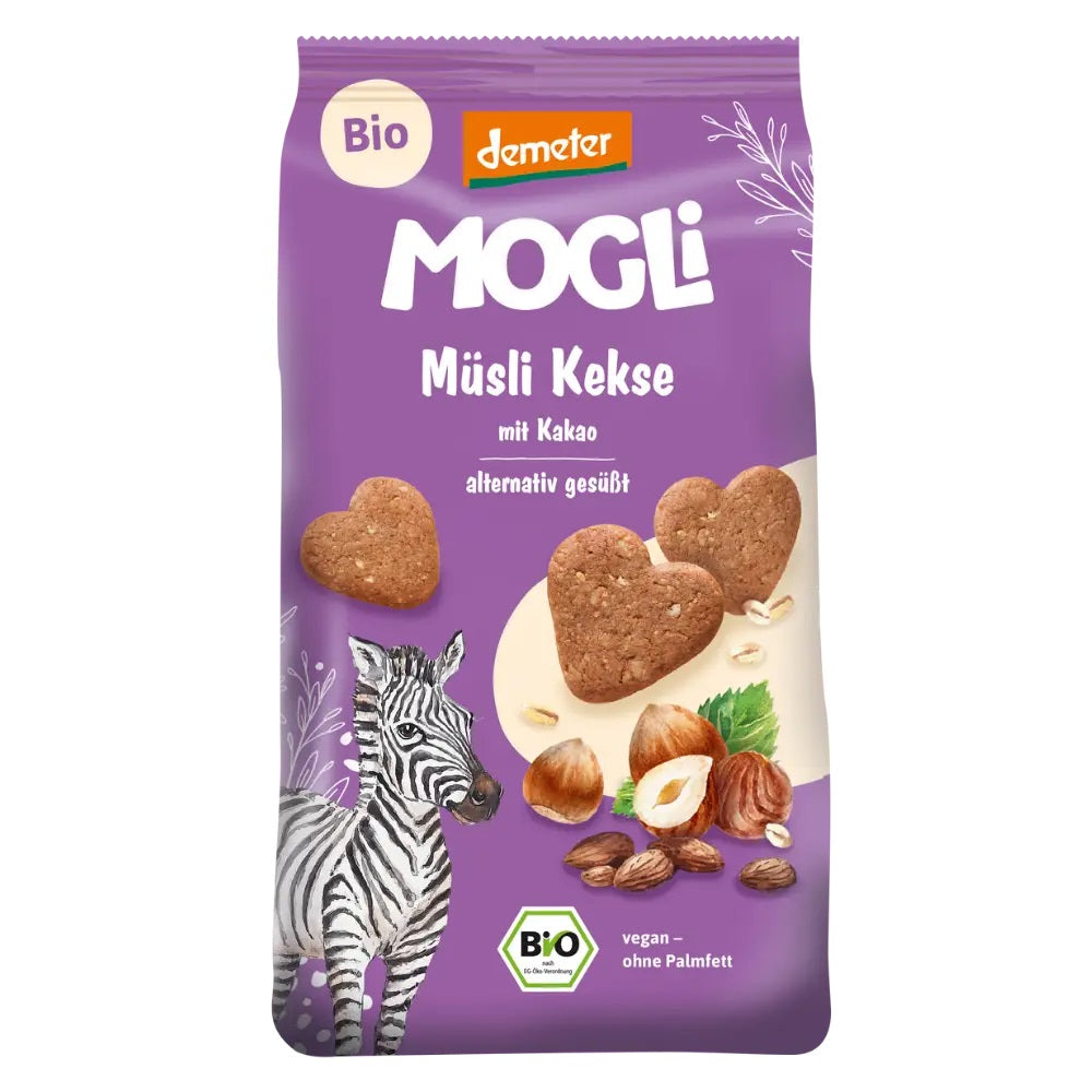 Mogli BIO speltas kviešu un auzu pārslu cepumi ar kakao un lazdu riekstiem, 125g