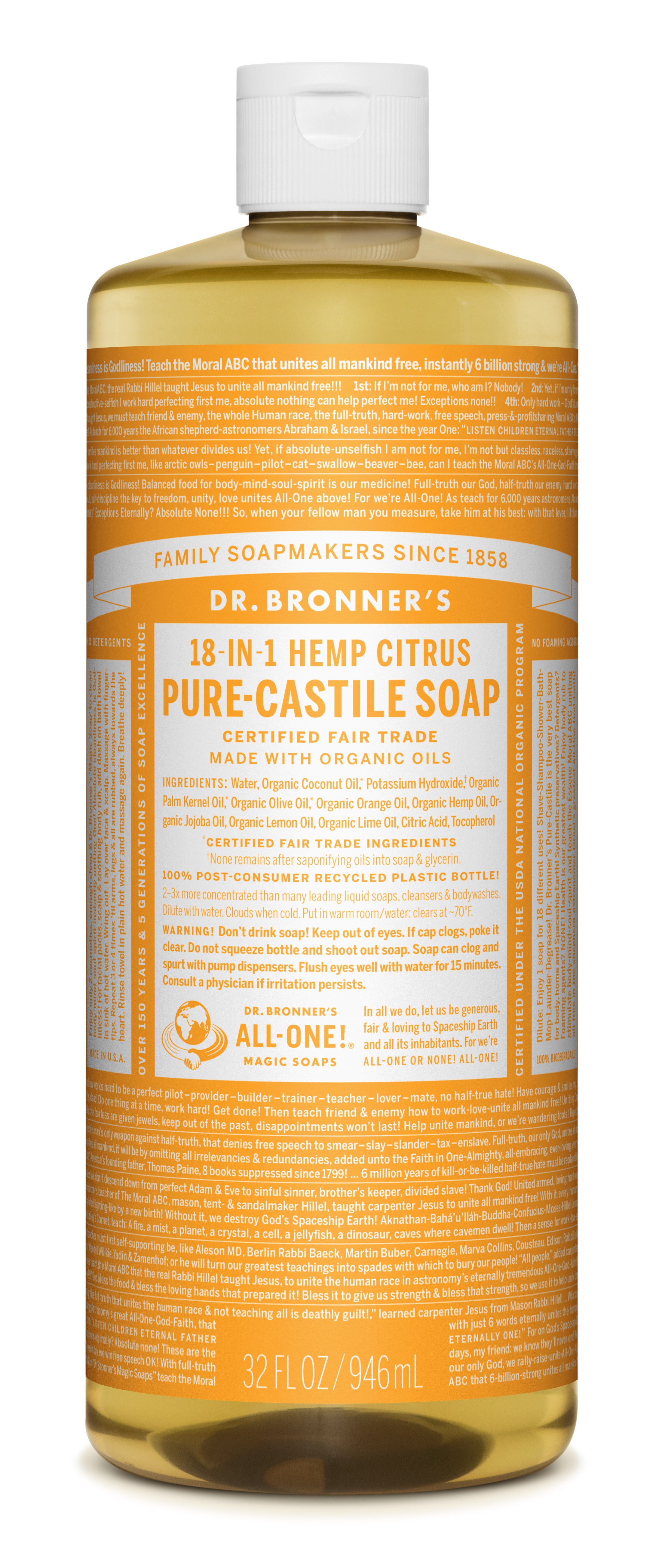 Dr. Bronner`s citrusu un apelsīnu šķidrās ziepes, 945ml