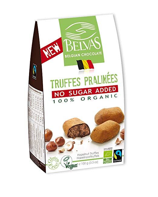 Belvas BIO šokolādes trifeles ar pralinē pildījumu, bez pievienota cukura, 100g