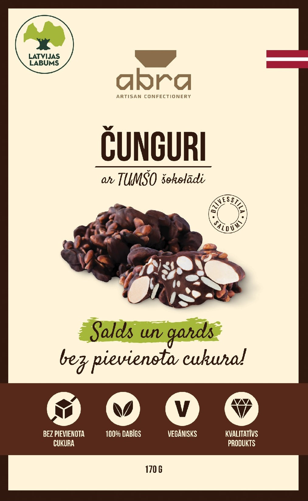 Abra tumšās šokolādes čunguri bez pievienota cukura kastītē, 170g
